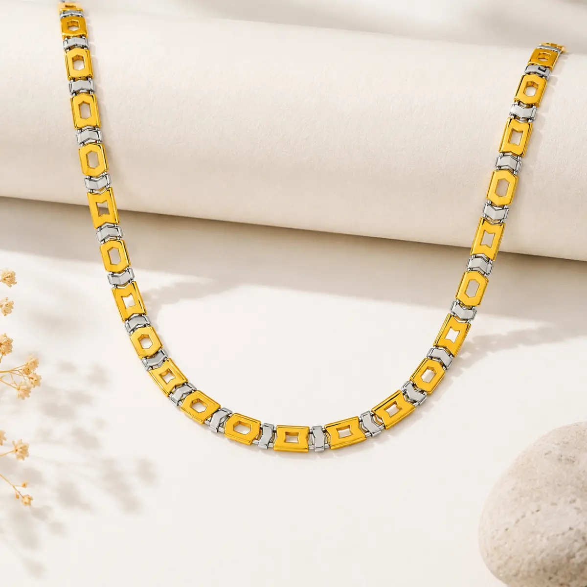 Two Tone 925 Sterling Silver Chain With Gold Finish Geometric Links For Men
